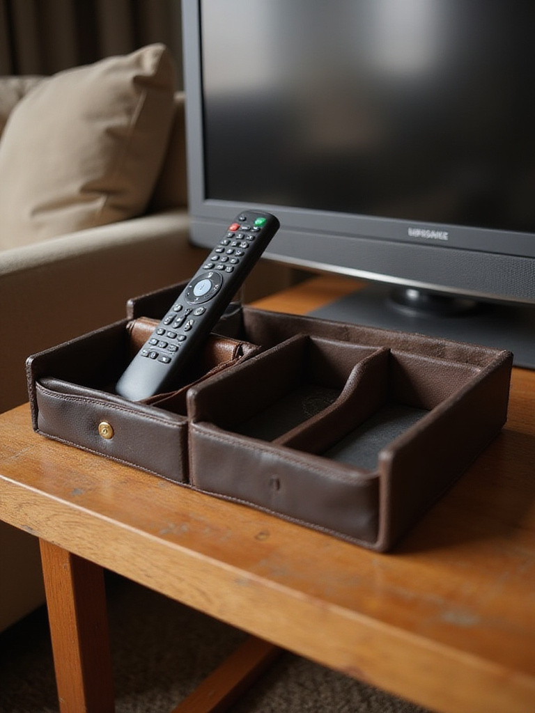 A stylish leather remote holder on a minimalistic end table with ambient lighting.