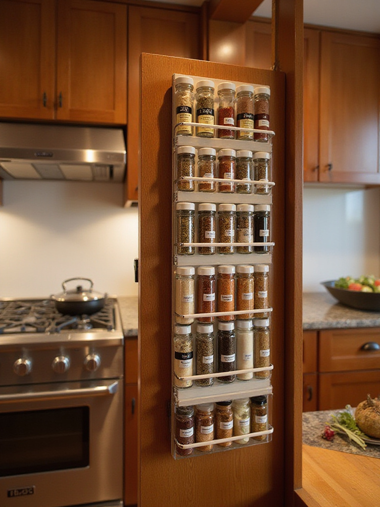 Modern kitchen with a door-mounted spice rack filled with labeled spice jars