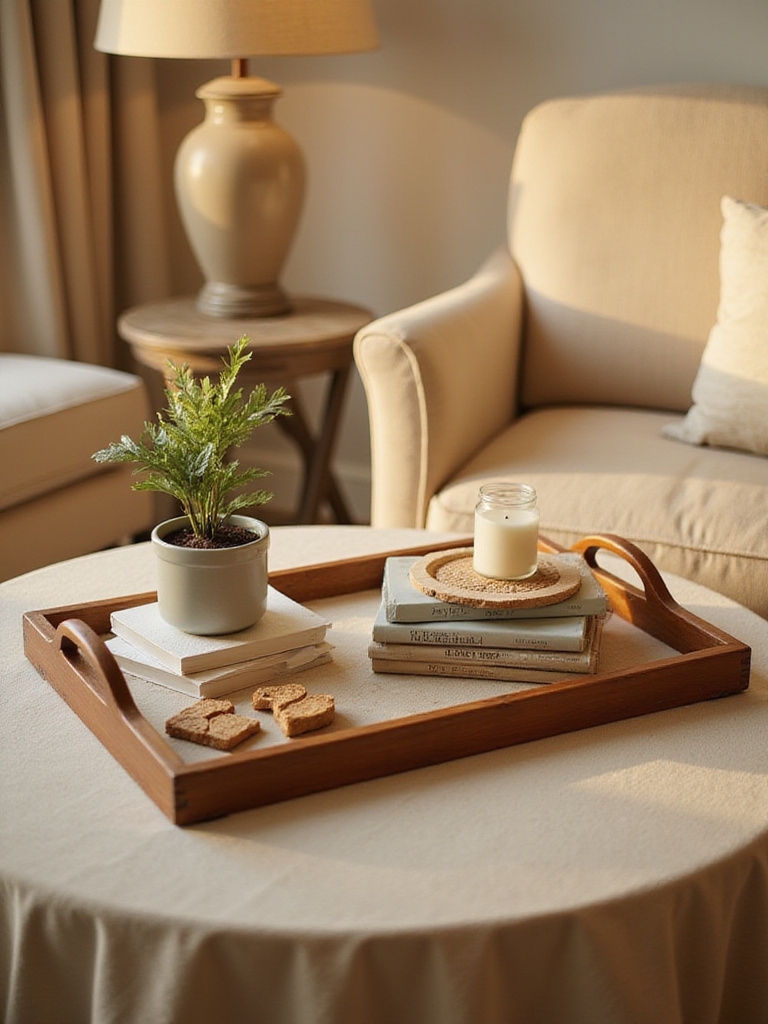 Elegant end table with a decorative tray featuring plants, candles, and books.