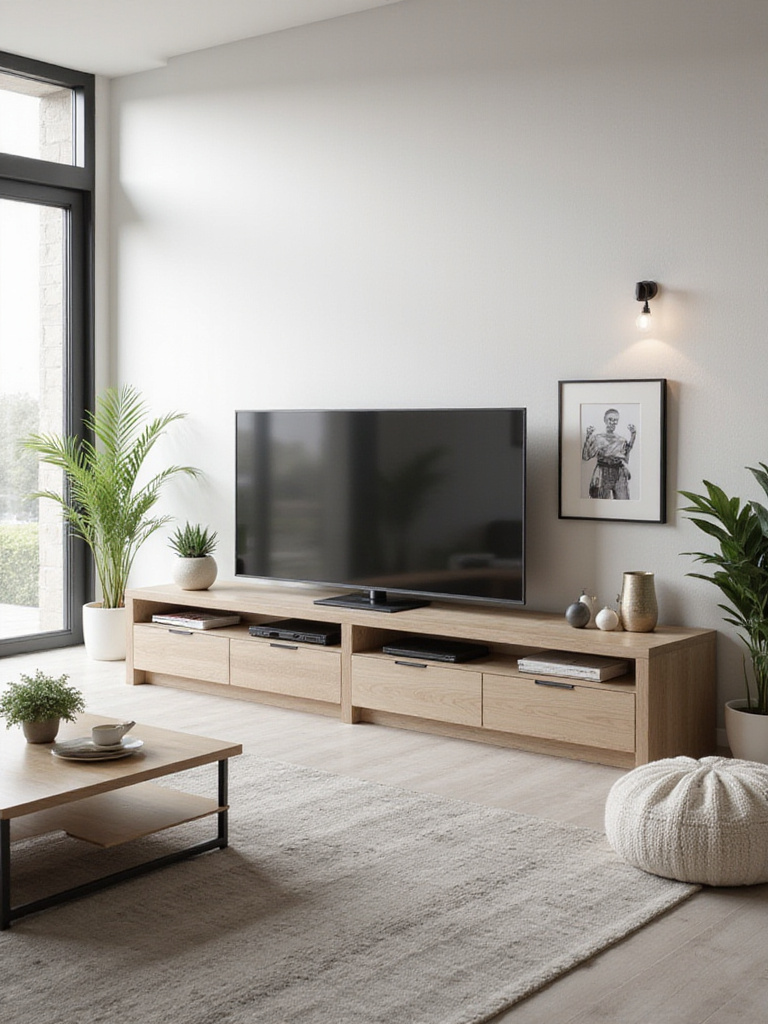 Modern living room with a clean-lined media console and minimalist decor
