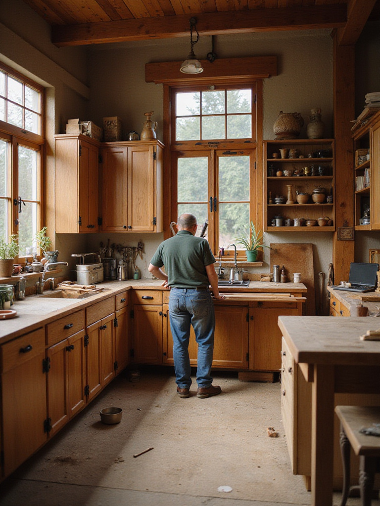 Woodworker’s workshop with traditional cabinet-making tools and materials