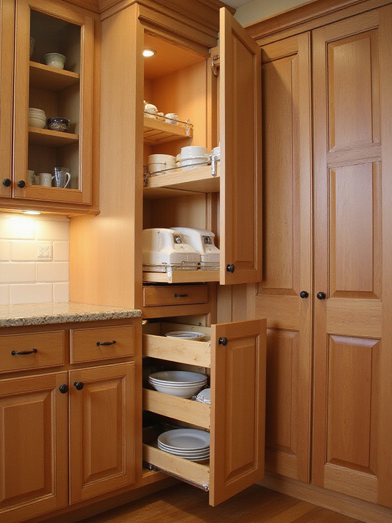 Traditional kitchen cabinetry with smart storage solutions including pull-out shelves and vertical dividers.