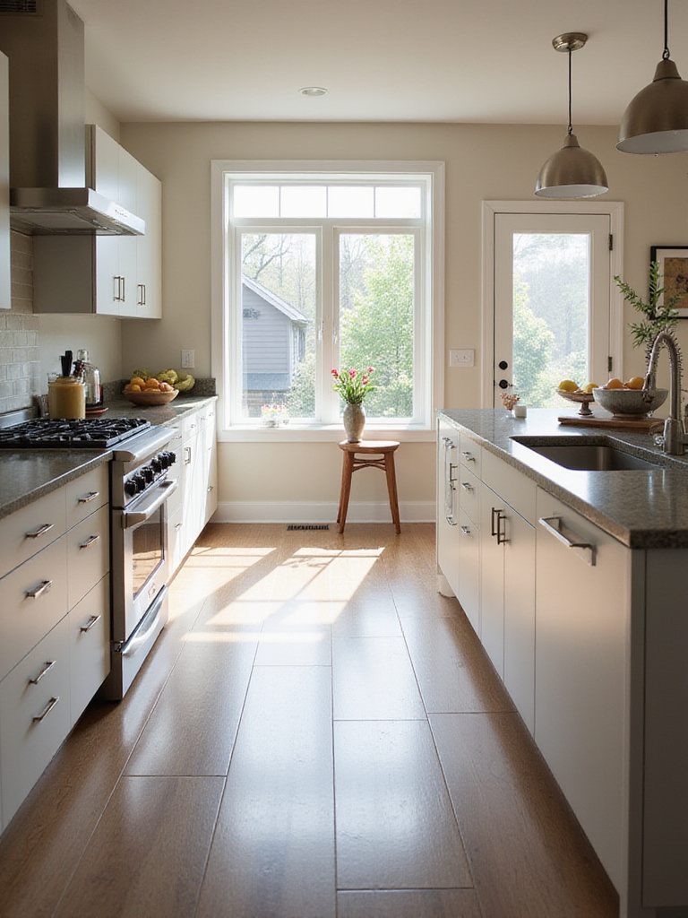 Modern kitchen with spacious island and adequate walkway clearance