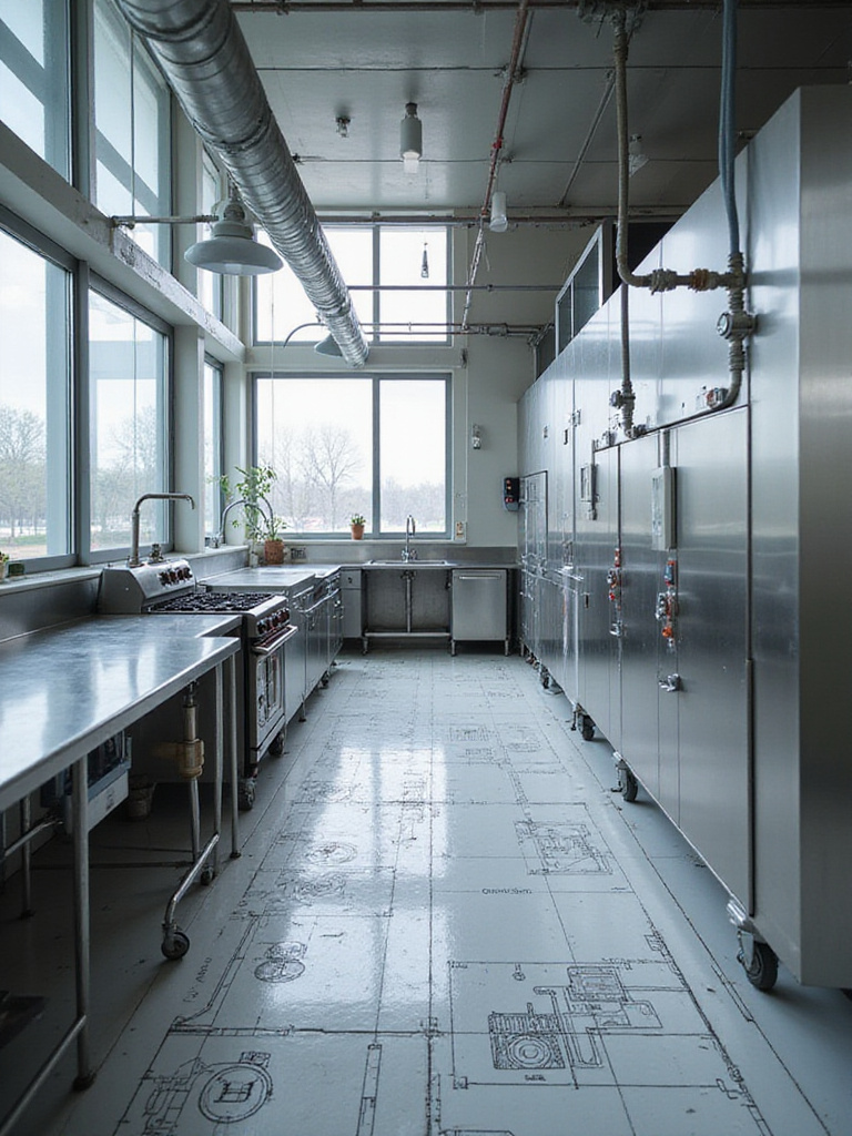 Industrial kitchen layout showcasing utility connections for gas, electric, and plumbing.