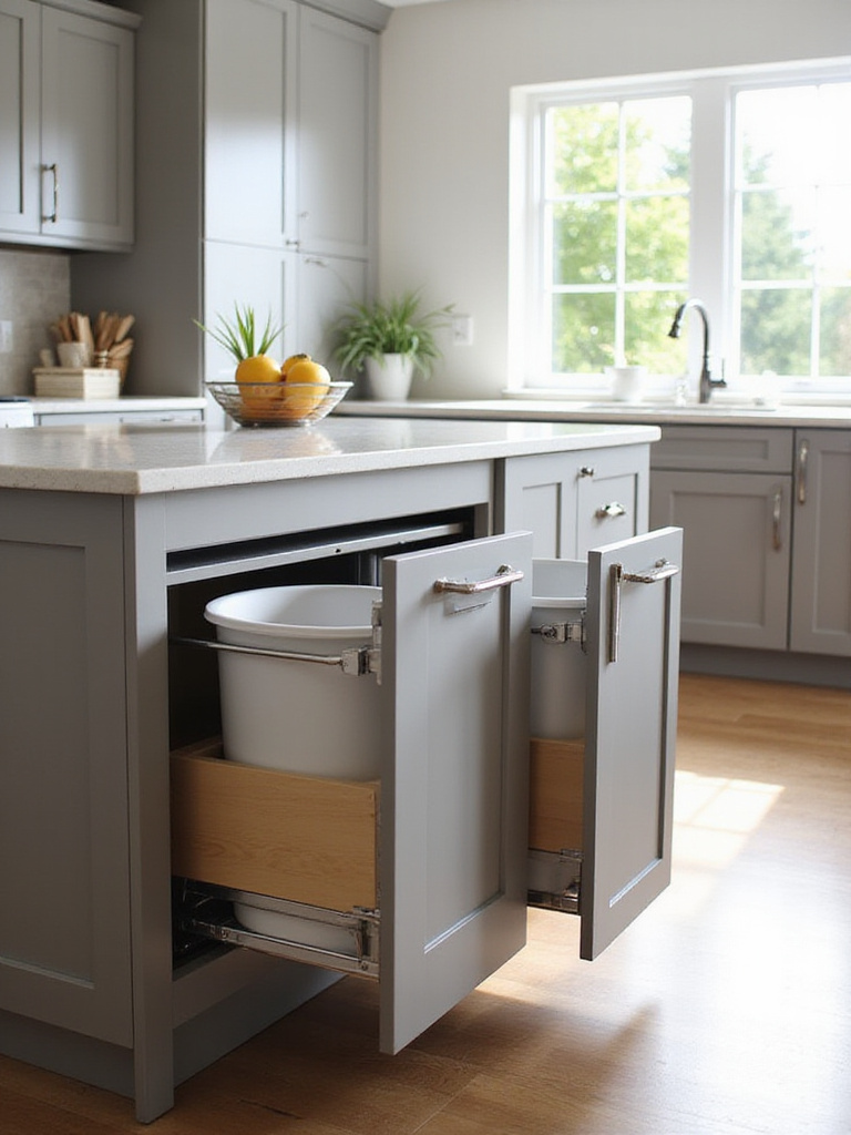 Modern kitchen island with integrated pull-out trash and recycling bins