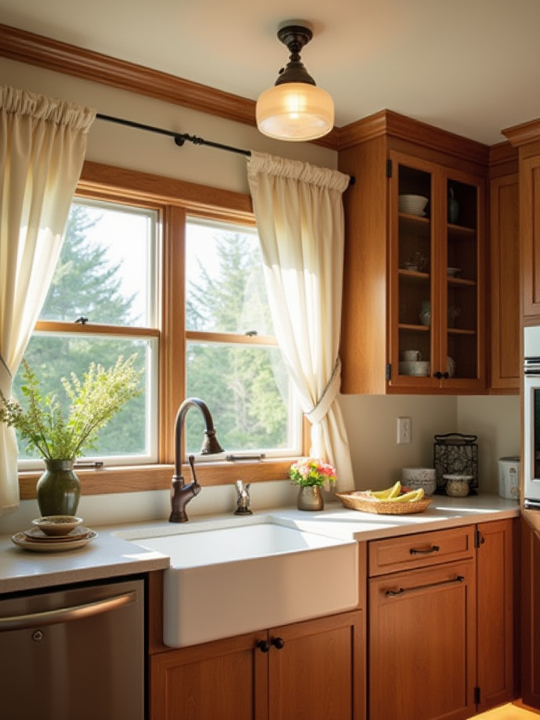 Country kitchen featuring a semi-flush mount light fixture with rustic decor.