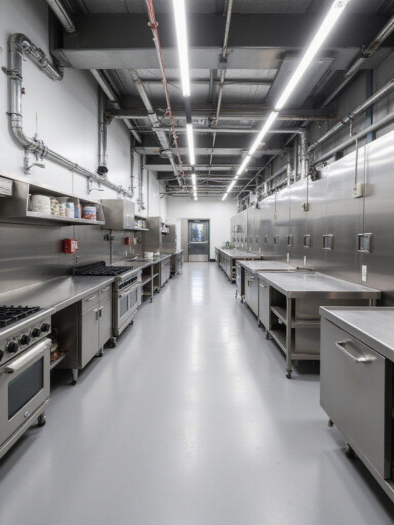 A modern industrial kitchen designed for future equipment upgrades with modular components and ample utilities.