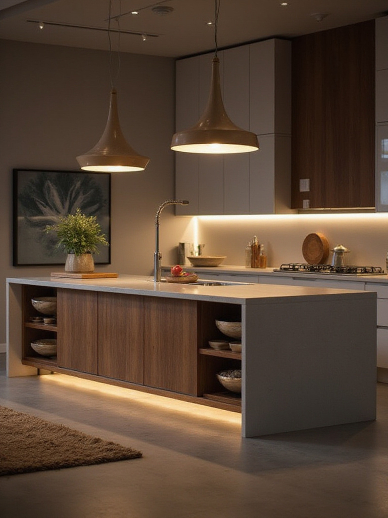 Modern kitchen island with layered lighting featuring pendant lights above and task lighting below.