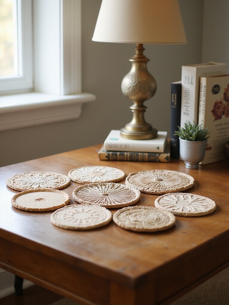 Chic coasters on a stylish end table with warm natural lighting