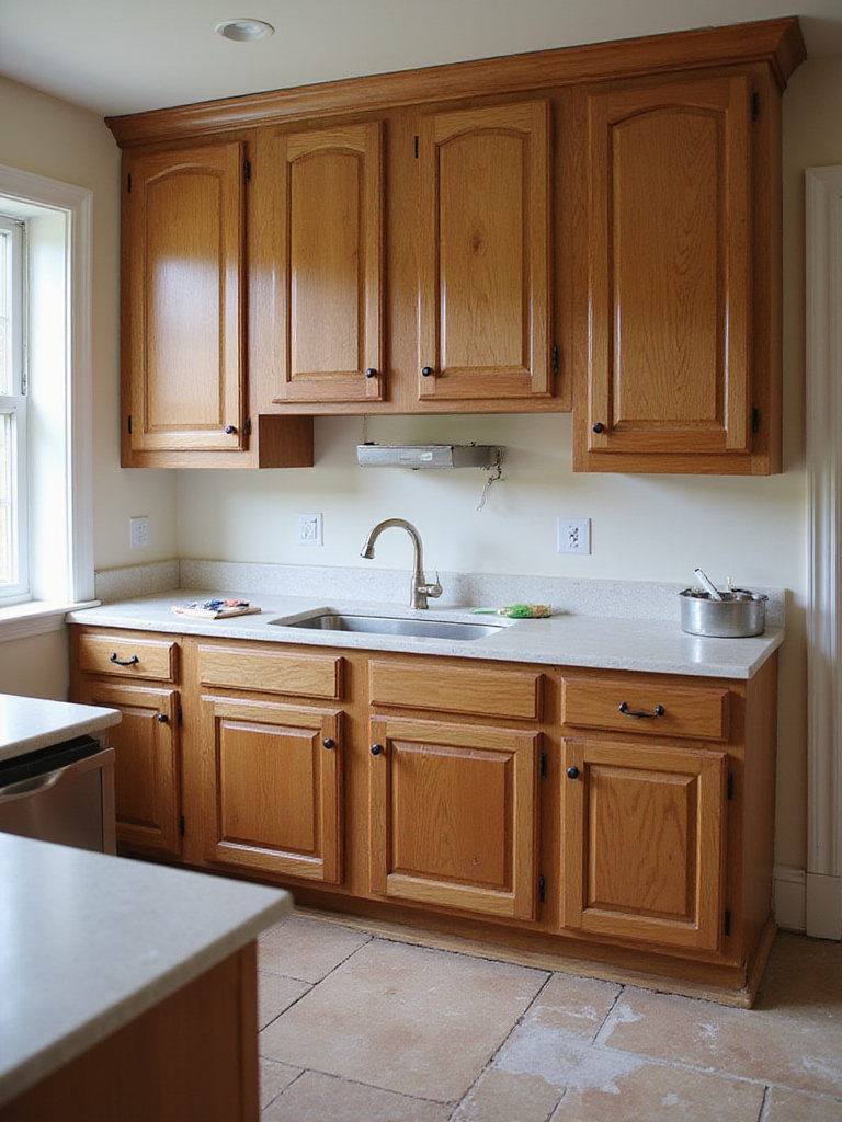 Professional refinishing process of traditional wooden cabinets in a bright kitchen setting.