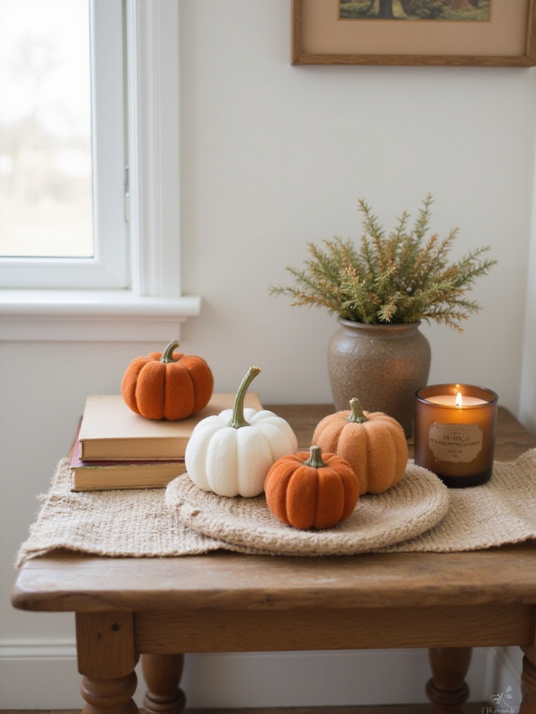 Cozy autumn-themed end table decor with pumpkins and candles