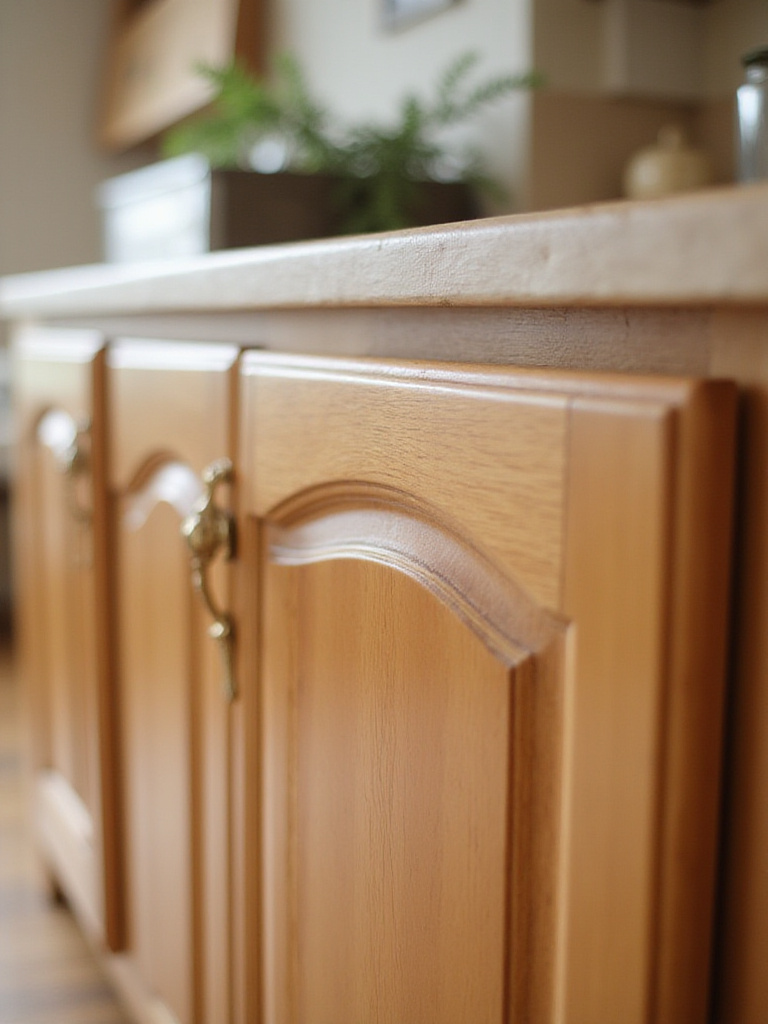 Close-up of a flawlessly refinished kitchen cabinet showing smooth wood texture.