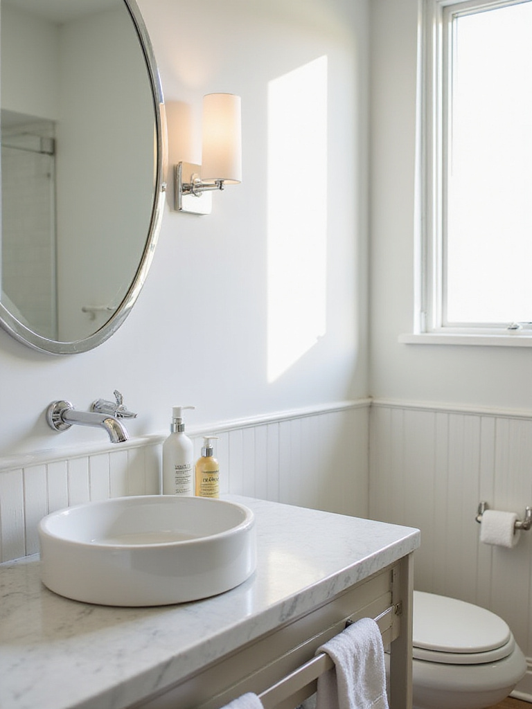 A clutter-free small bathroom with organized toiletries and natural lighting.