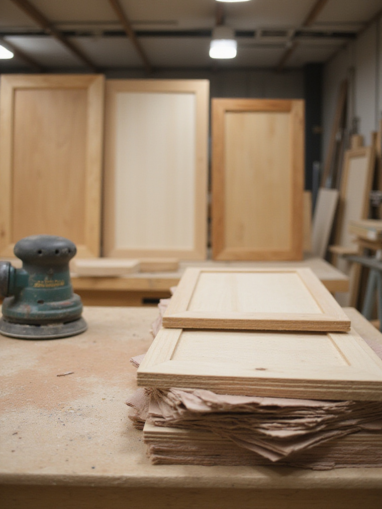 Workshop scene with cabinet doors being sanded for a smooth finish