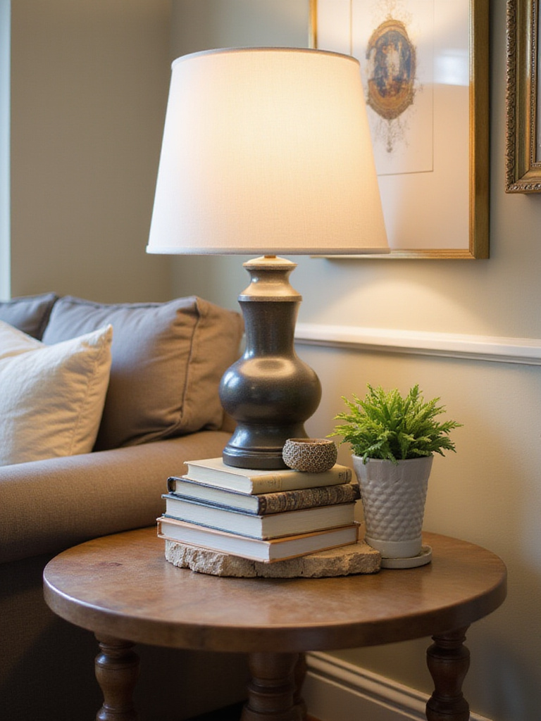 A well-styled end table with proportional decor items in a cozy living room.