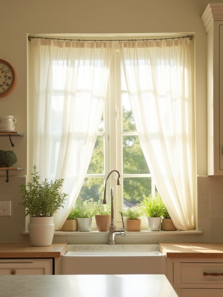 Bright country kitchen with natural light from a large window and light-colored decor