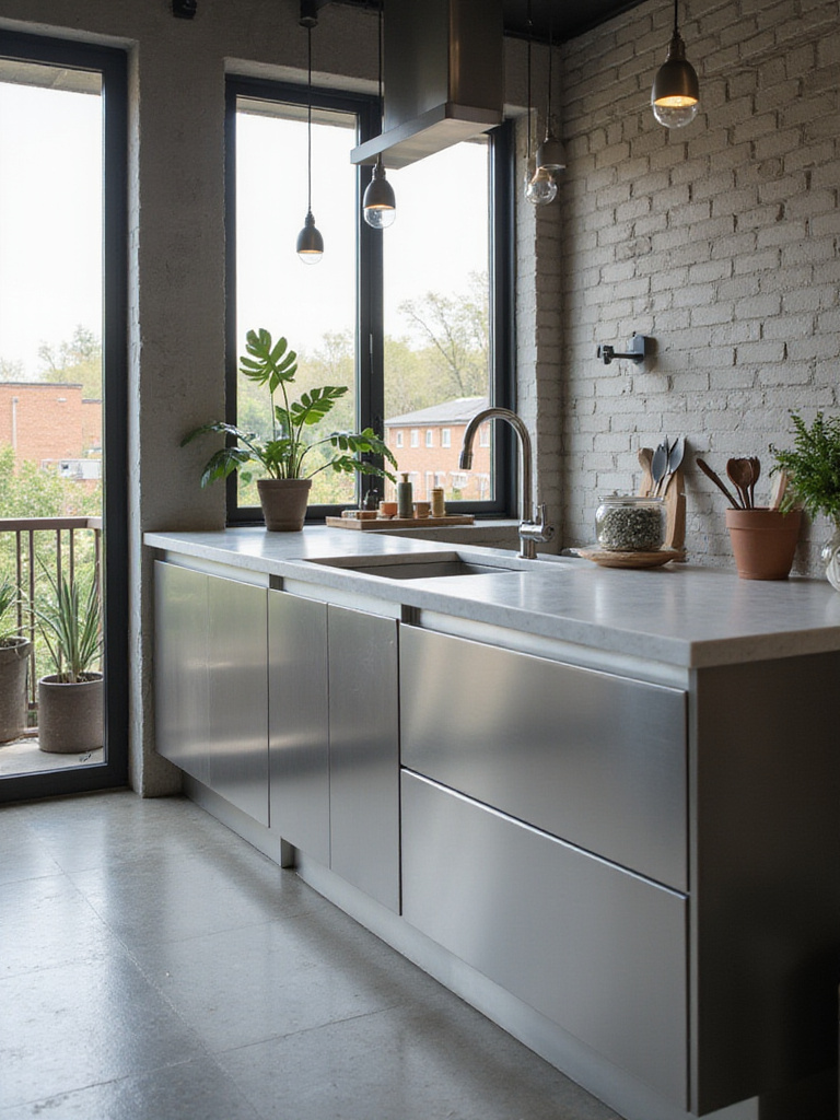 Modern industrial kitchen countertop setup showcasing stainless steel and quartz surfaces.
