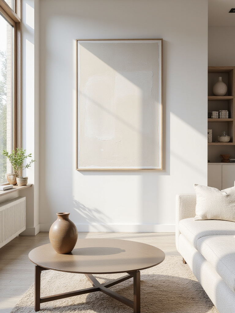 Minimalist living room with curated meaningful decor pieces including an abstract painting and a ceramic vase.