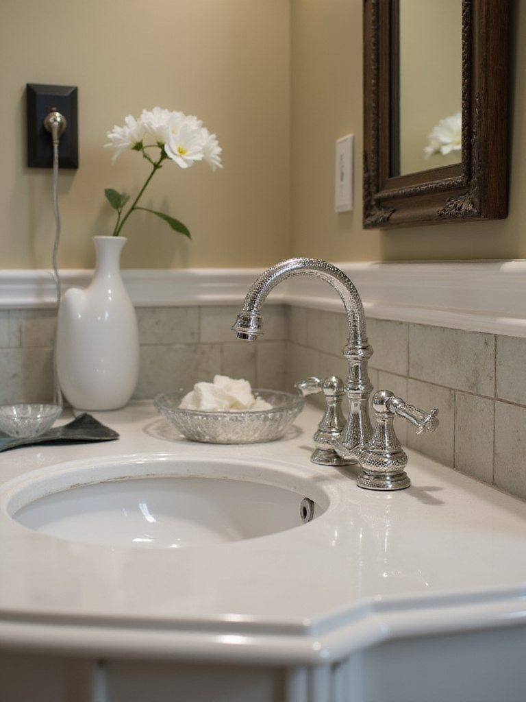 Unique faucet in a stylish powder room setting