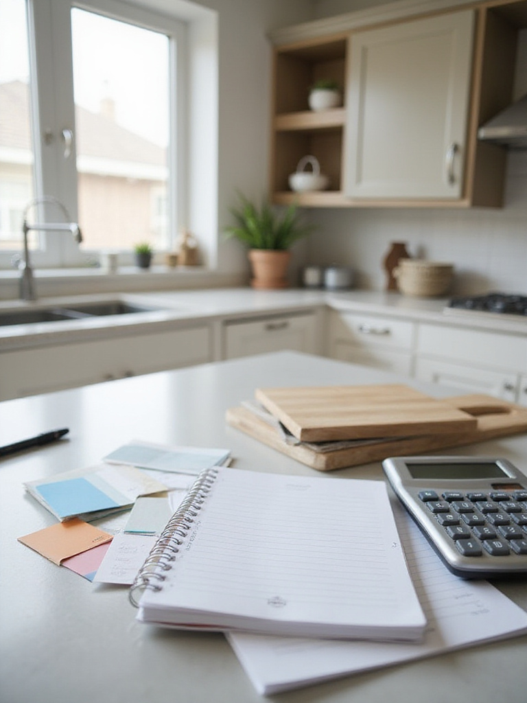 A notepad and calculator on a kitchen countertop with color swatches and cabinet samples.