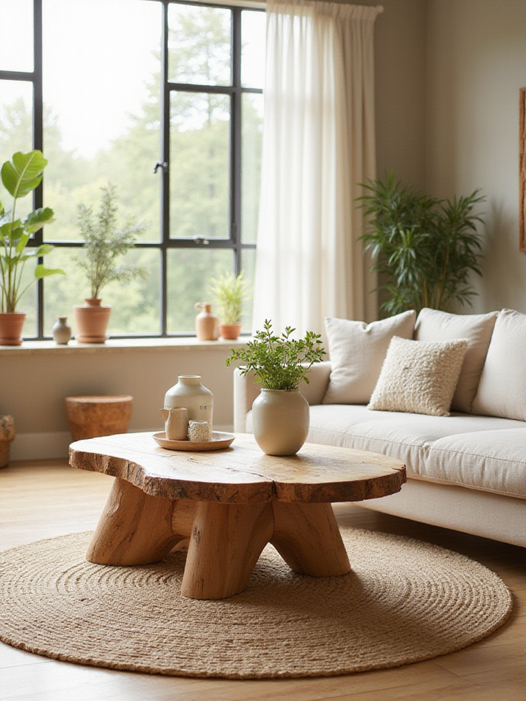A modern living room featuring eco-friendly furniture options, including a reclaimed wood coffee table and an organic cotton sofa.