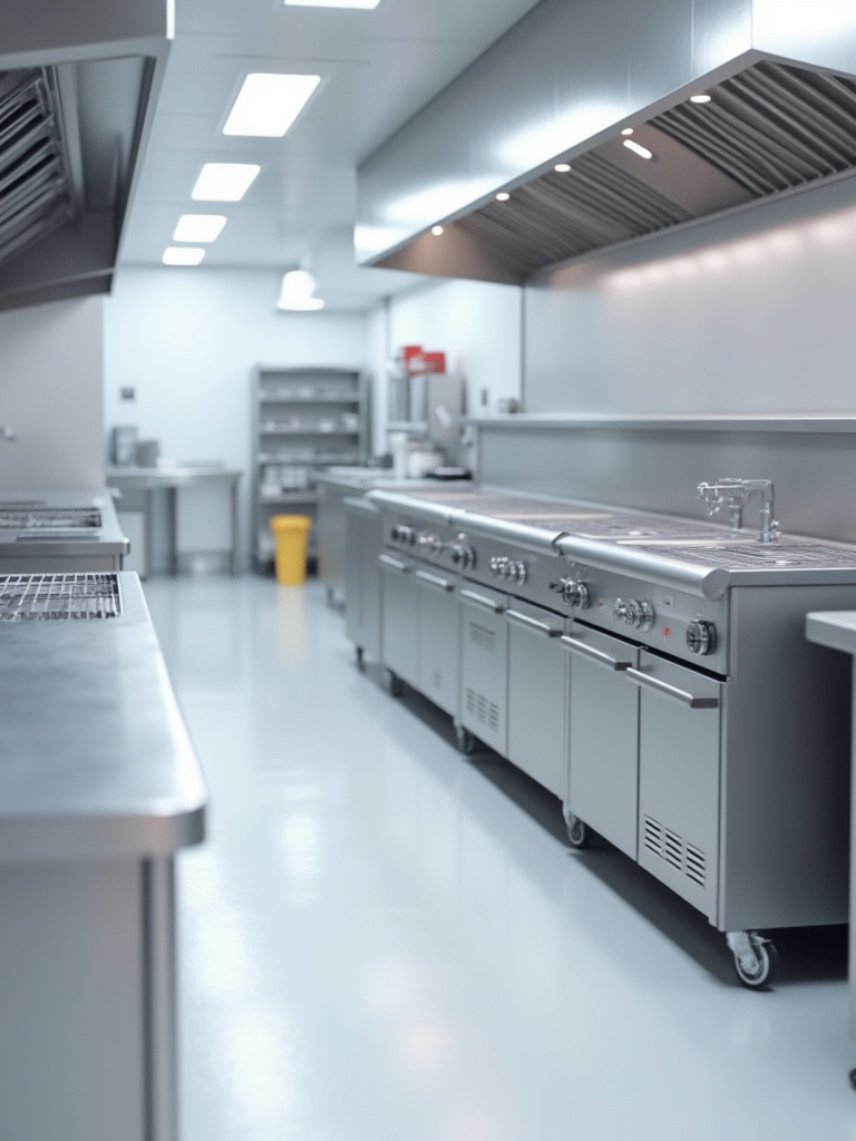 Industrial kitchen with smooth, non-porous wall materials for easy cleaning