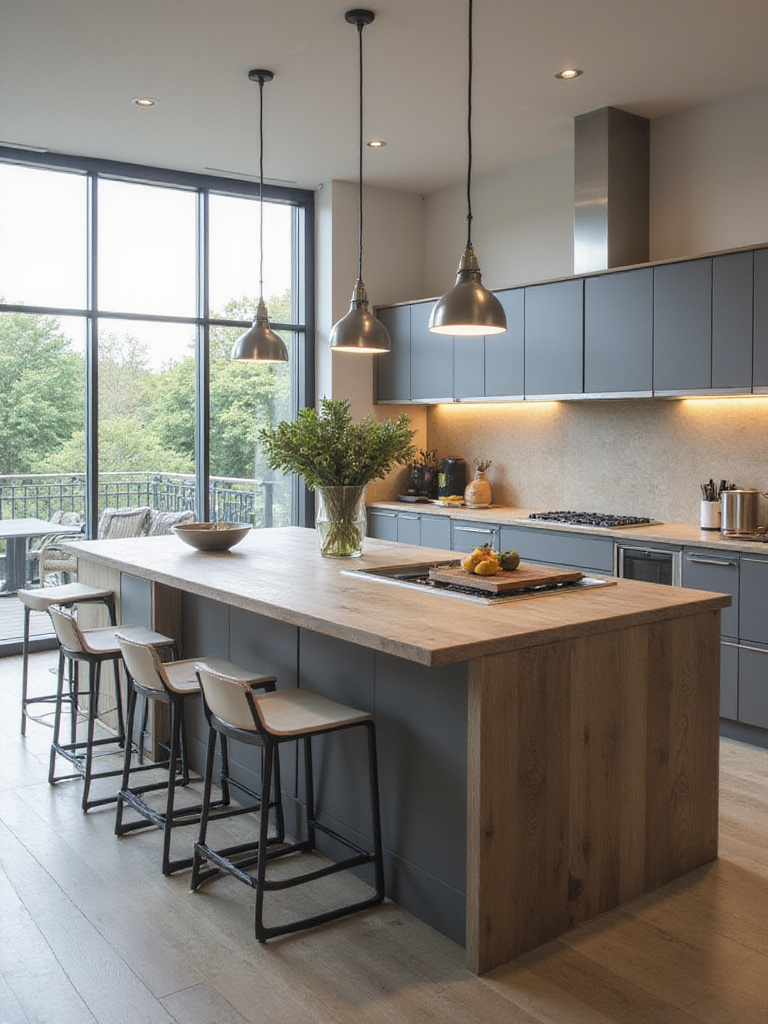Modern kitchen with a large multi-functional island designed for cooking, eating, and storage.