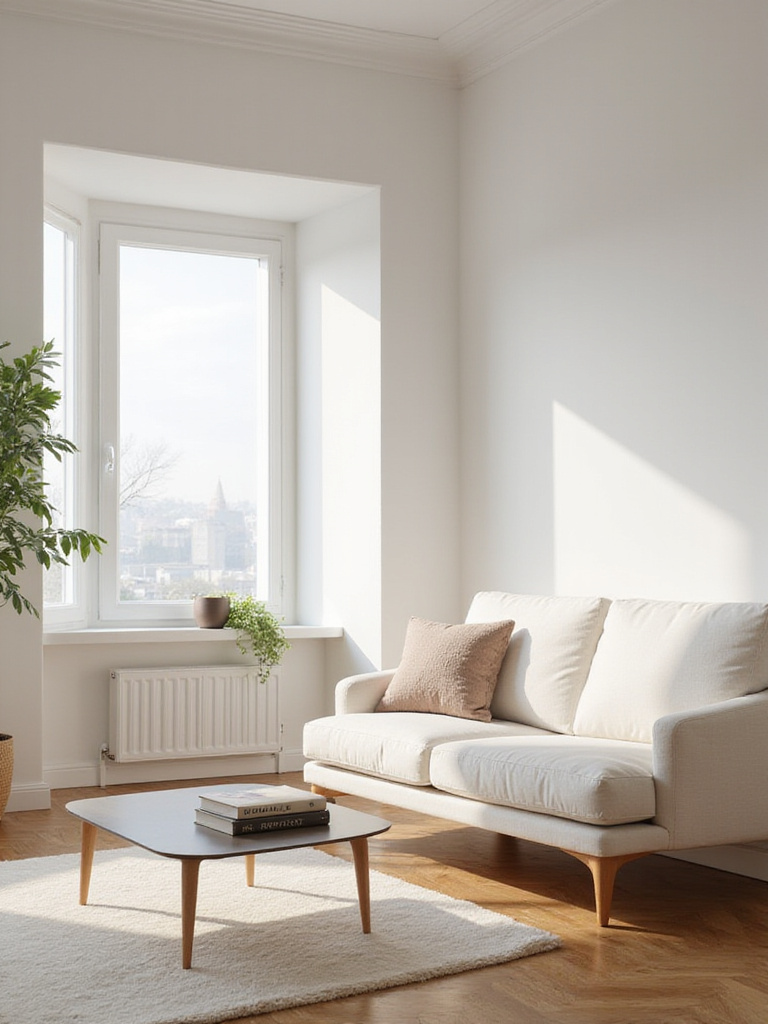 Minimalist living room designed for calm and tranquility, featuring simple decor and natural light.