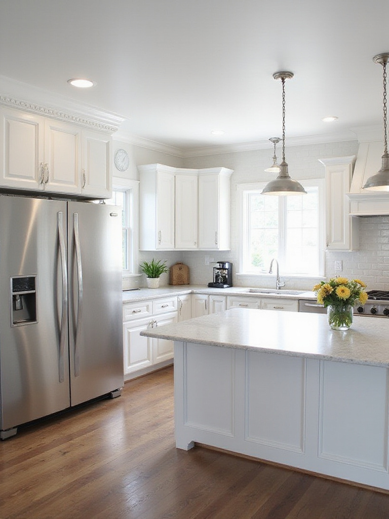 A stylish kitchen featuring traditional cabinets and modern stainless steel appliances.
