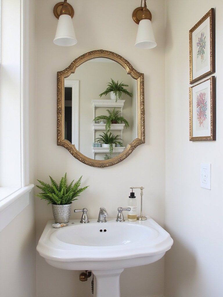 Powder room featuring a basic mirror upgraded with a custom frame, showcasing elegant decor.