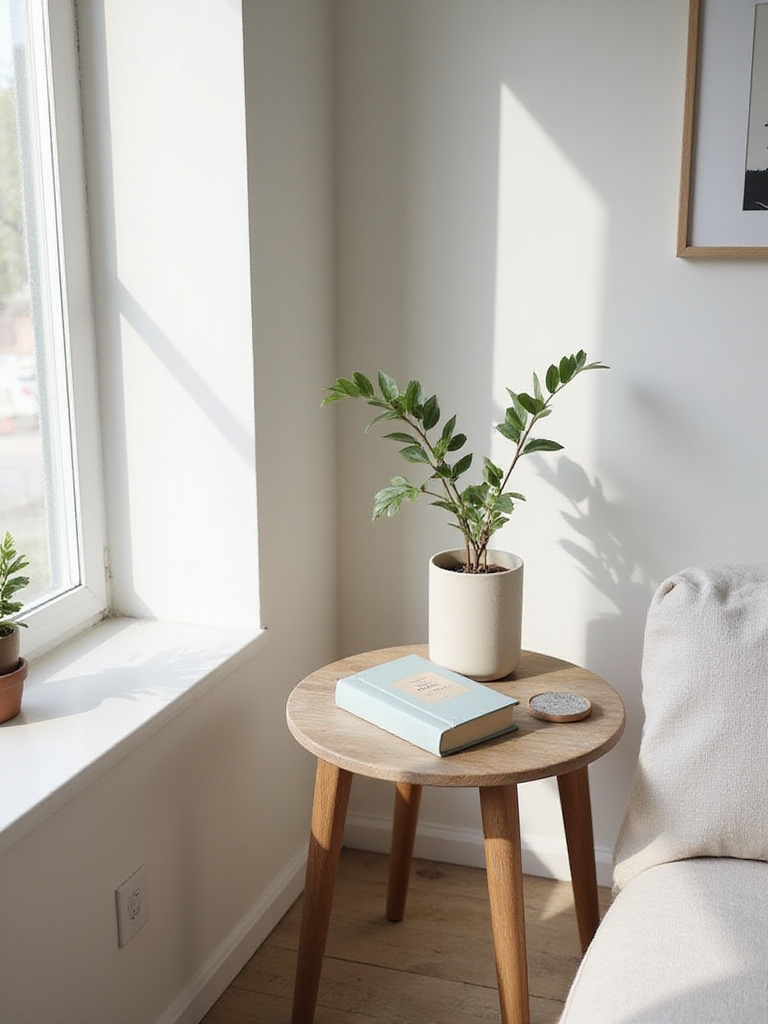 Minimalist living room corner with essential items arranged neatly