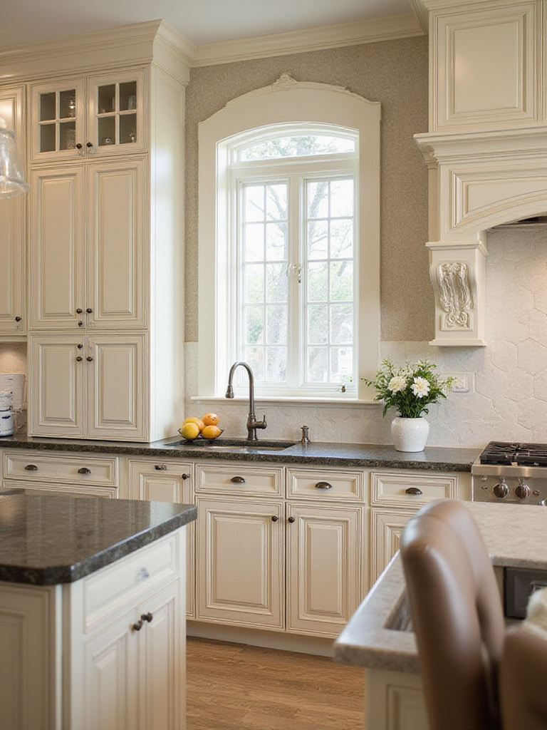 Professional photo of a traditional kitchen showcasing various cabinetry options with detailed craftsmanship.