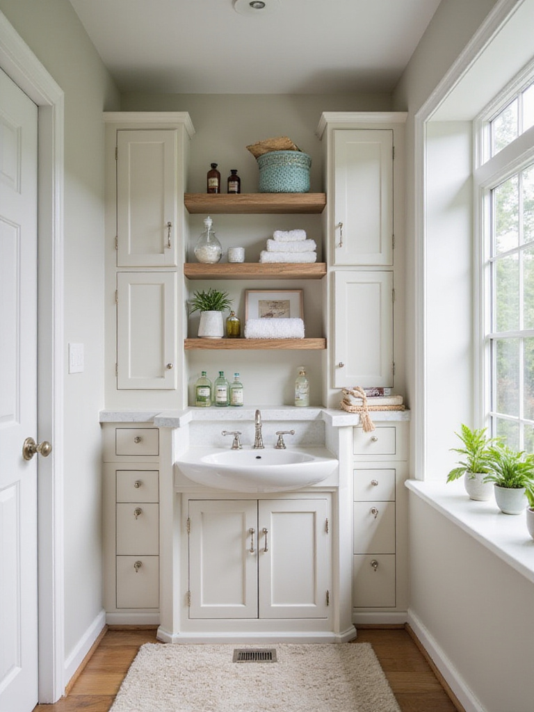 Small bathroom with floor-to-ceiling vertical storage solutions.