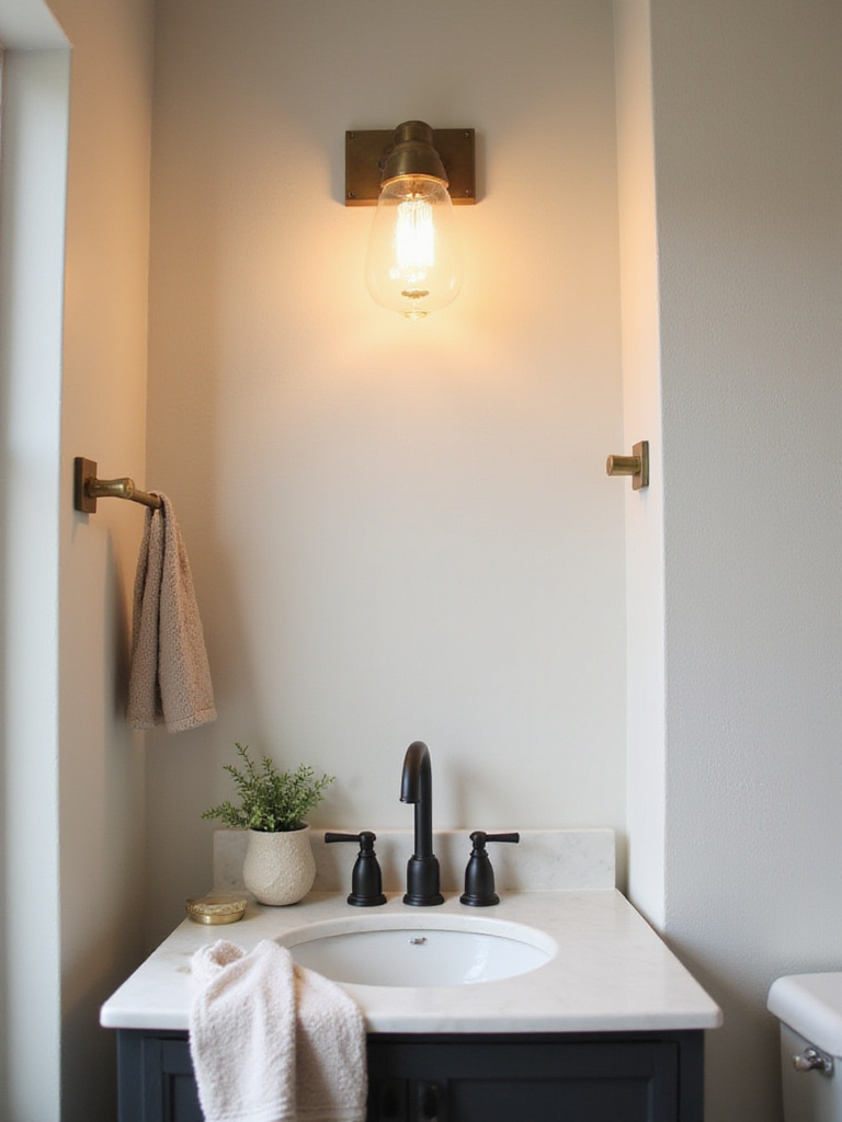Stylish powder room with matte black and brass hardware