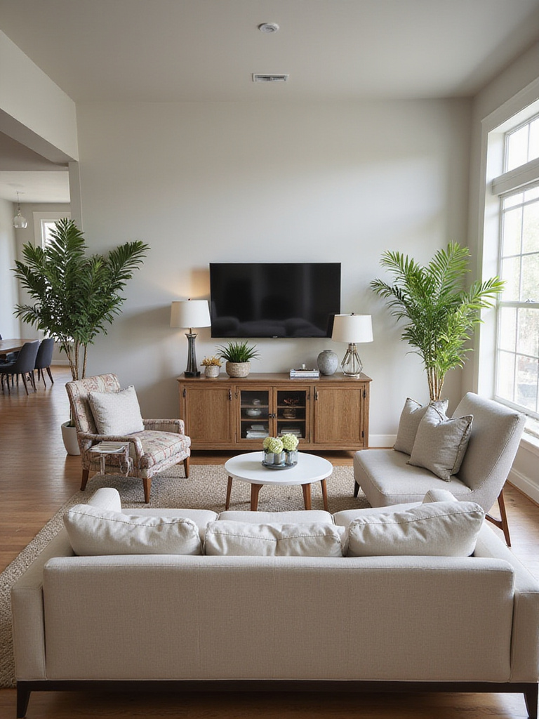 Modern open-concept living room with defined zones using furniture placement