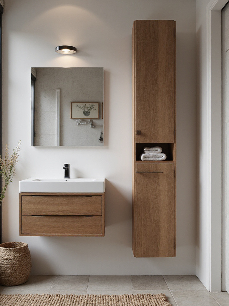 A small bathroom featuring a multi-functional fixture that integrates sink, storage, and mirror.