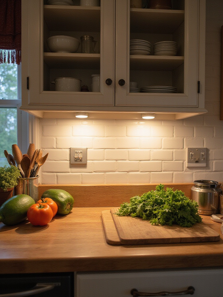 Brightly lit country kitchen with under-cabinet lighting over wooden countertop