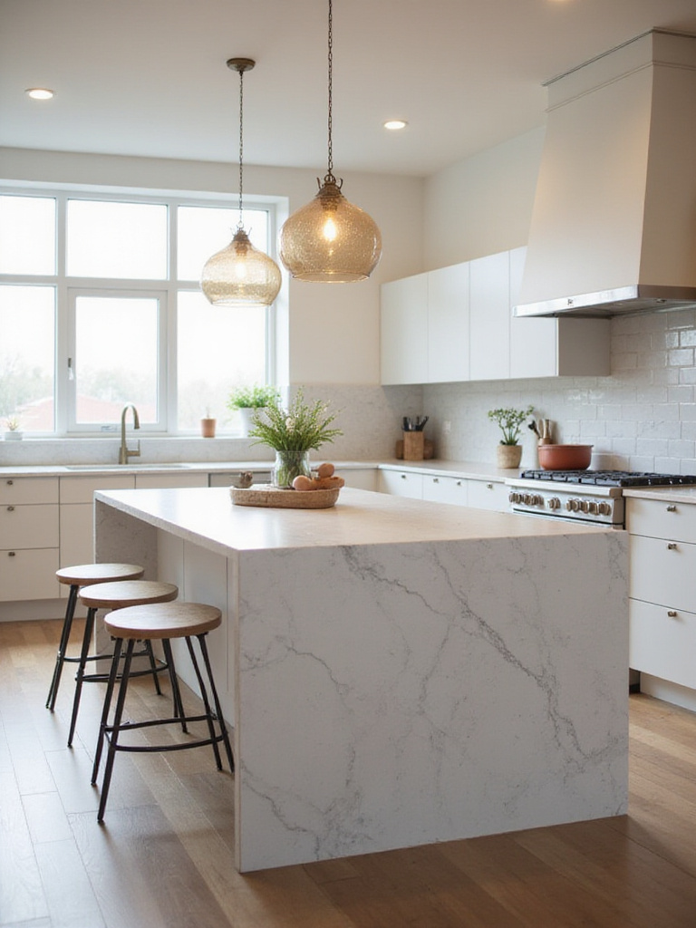 Modern kitchen island with quartz countertop and stylish lighting