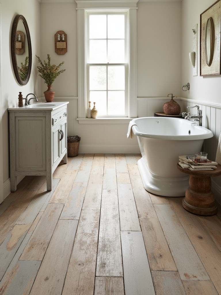 Farmhouse bathroom floor with distressed porcelain tiles