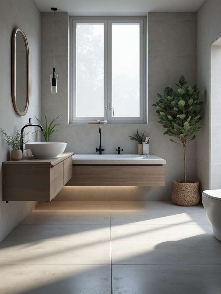 Minimalist gray bathroom with streamlined elements and natural lighting