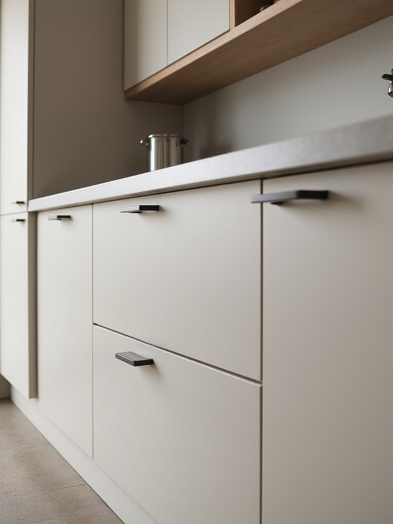 Contemporary kitchen featuring minimalist hardware and handleless push-to-open systems.