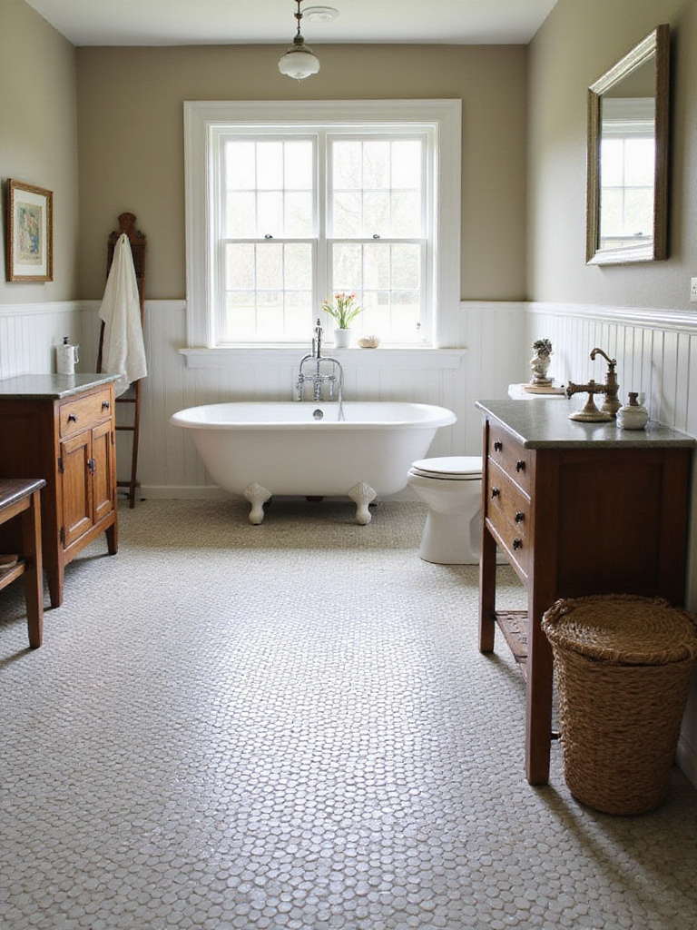 Vintage farmhouse bathroom with penny round tile flooring