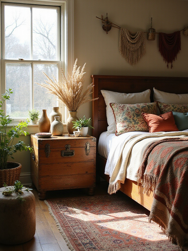 Boho bedroom with vintage and thrifted decor, featuring a rustic wooden bed and mismatched vases.