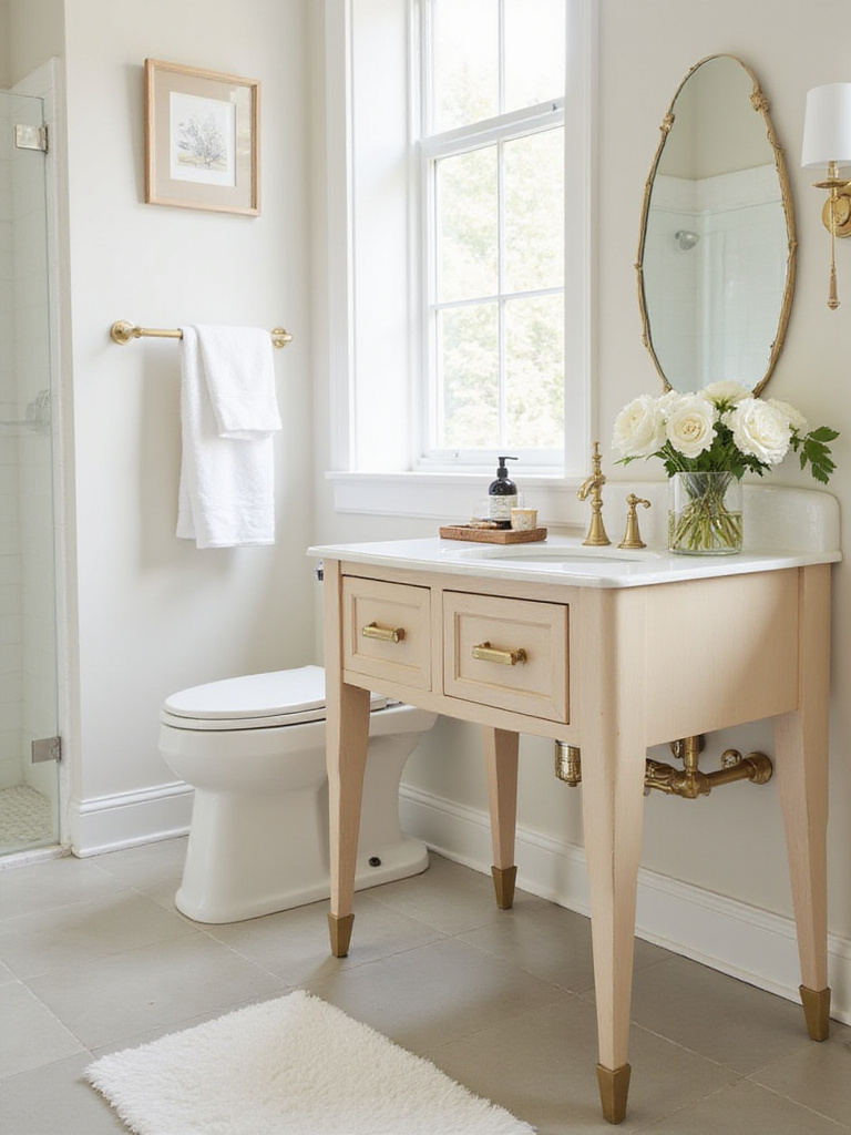 Transformed bathroom vanity with decorative legs and elegant design.