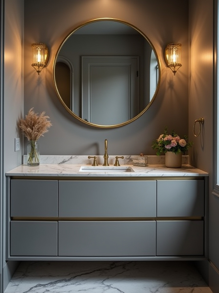Luxurious gray bathroom with metallic gold accents