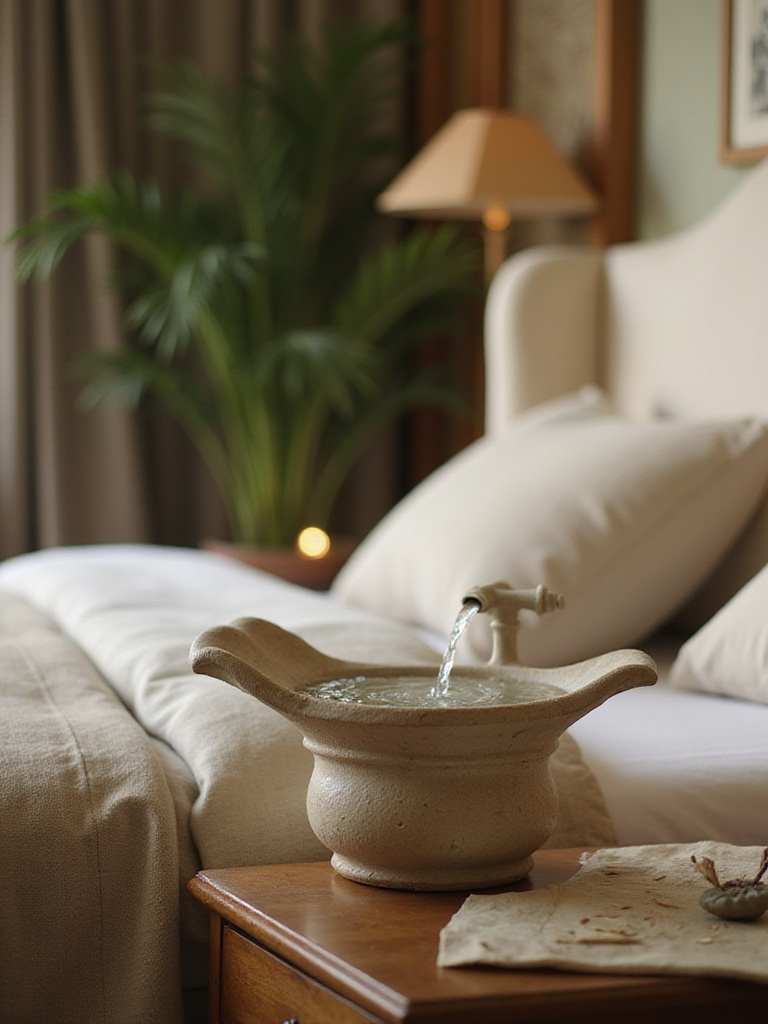 A small indoor water feature on a bedside table in a serene bedroom setting.