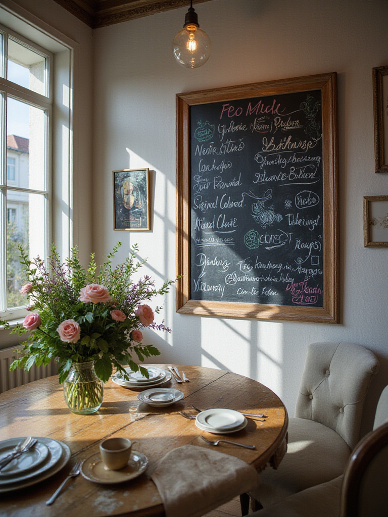Stylish dining room with a framed chalkboard filled with colorful drawings and a menu