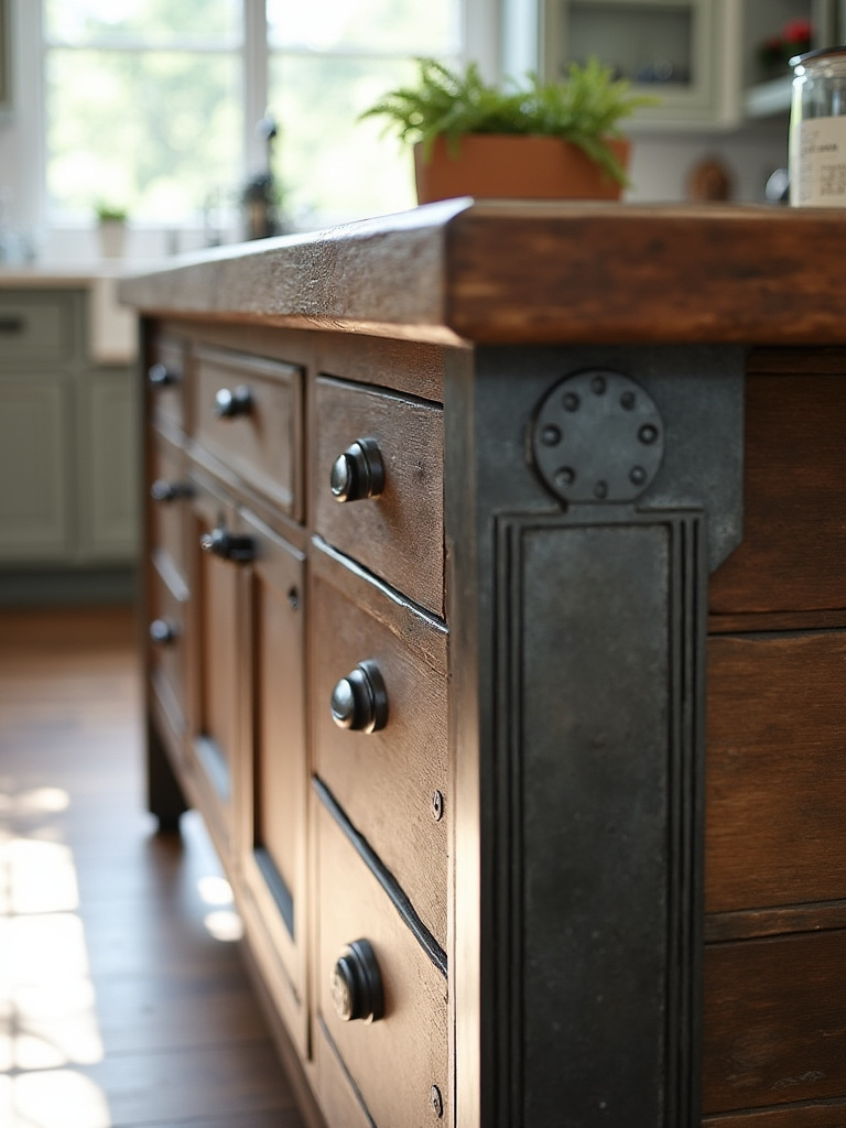 Rustic kitchen island with metal accents showcasing industrial rustic style