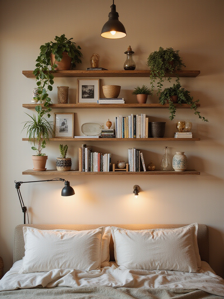 Cozy bedroom with wall-mounted shelves displaying books and decor