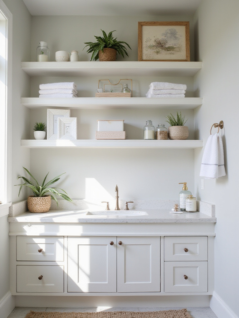 A bathroom with open shelving above the vanity filled with decorative items and towels.
